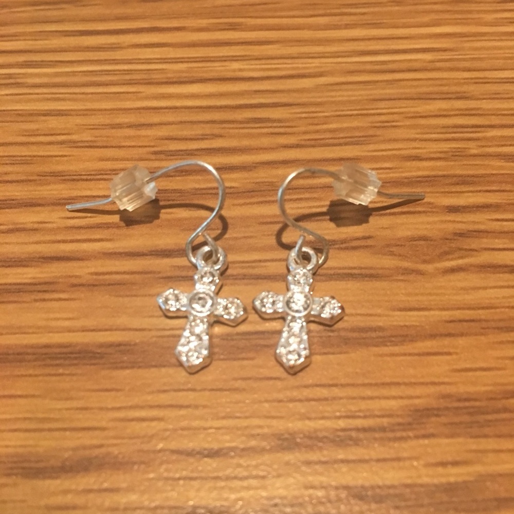 Silver Cross Earrings with Crystals